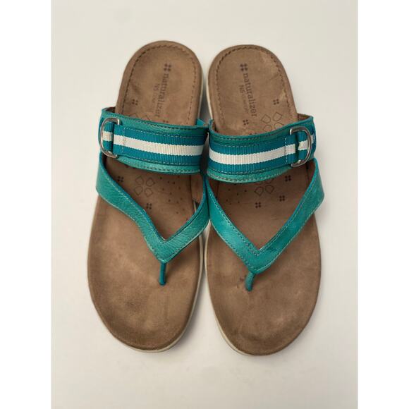 NATURALIZER N5 Comfort Slip on Sandal Teal Leather Striped Canvas Strap 10N - Picture 4 of 9